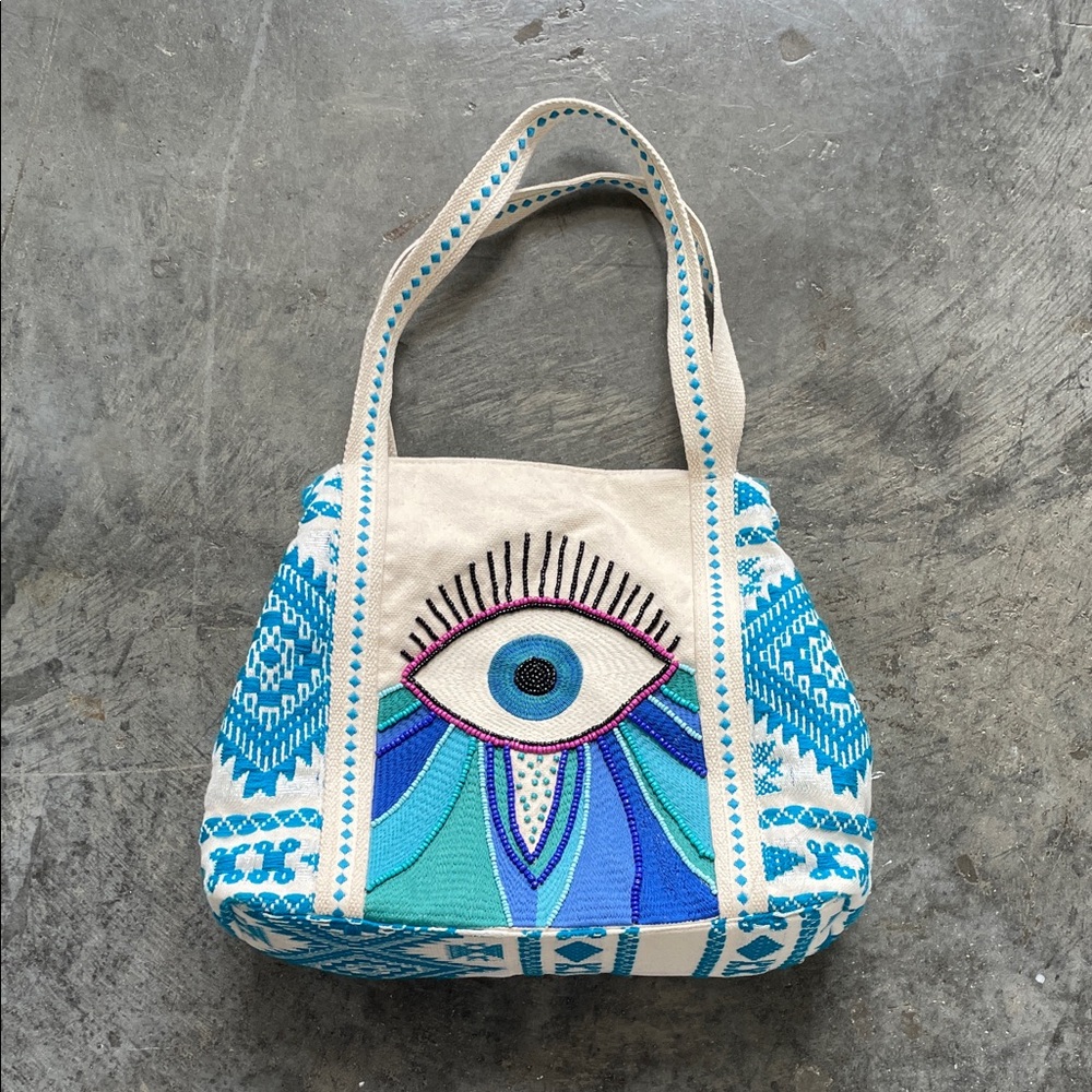 Embroidered Eye Design Tote Bag - Blue and Cream